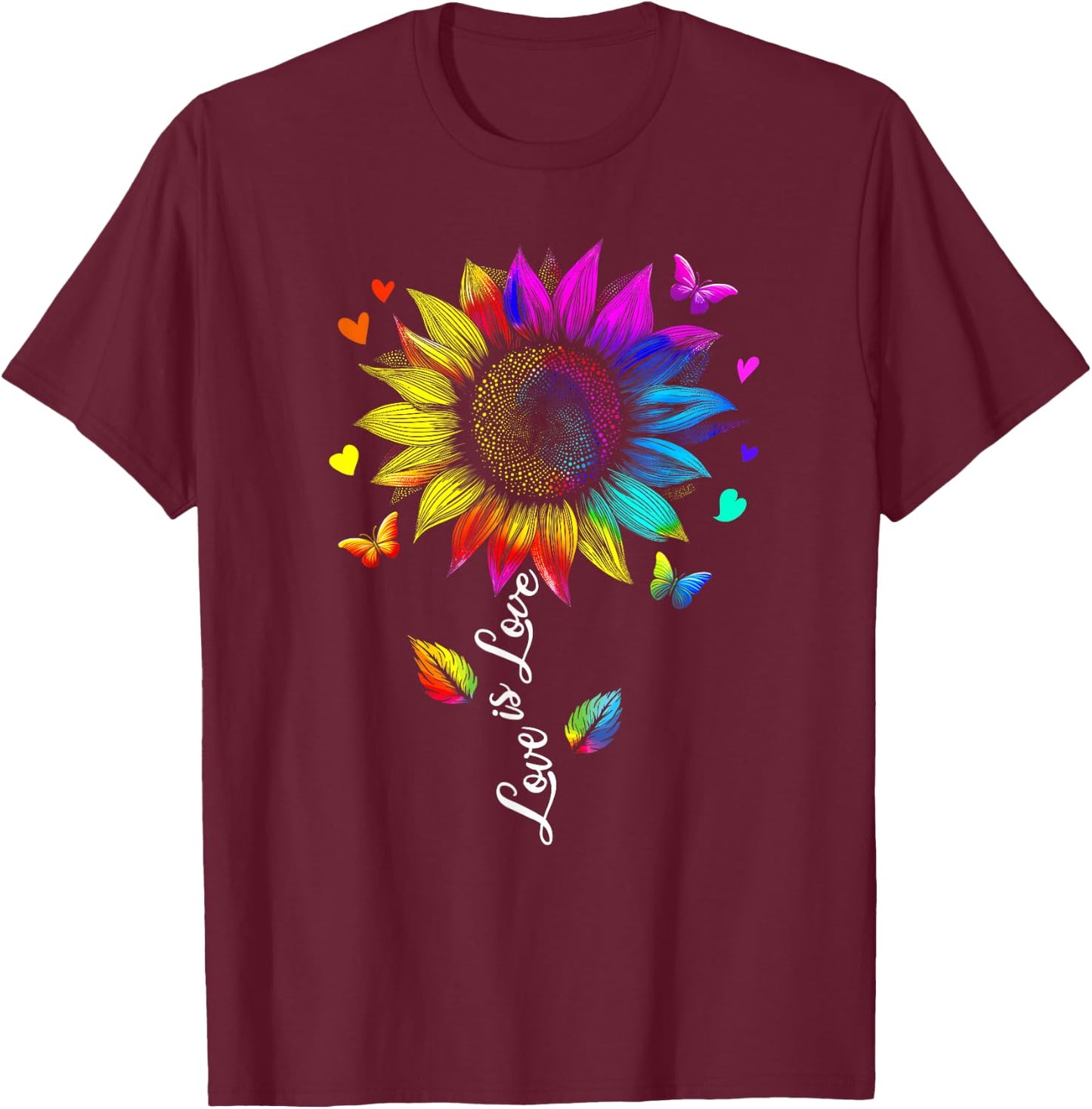 Love is Love Rainbow Sunflower LGBT Gay Lesbian Pride T-Shirt - T-Shirt | Maroon