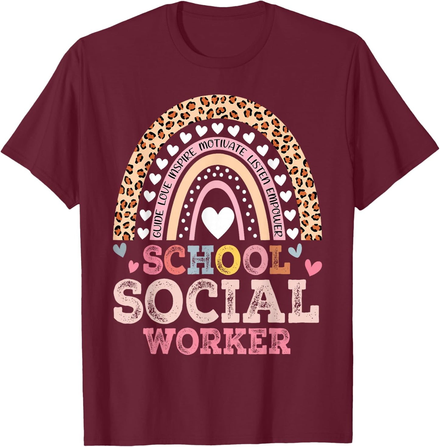 School Social Worker Rainbow Leopard Print Funny Social Work T-Shirt - T-Shirt | Maroon