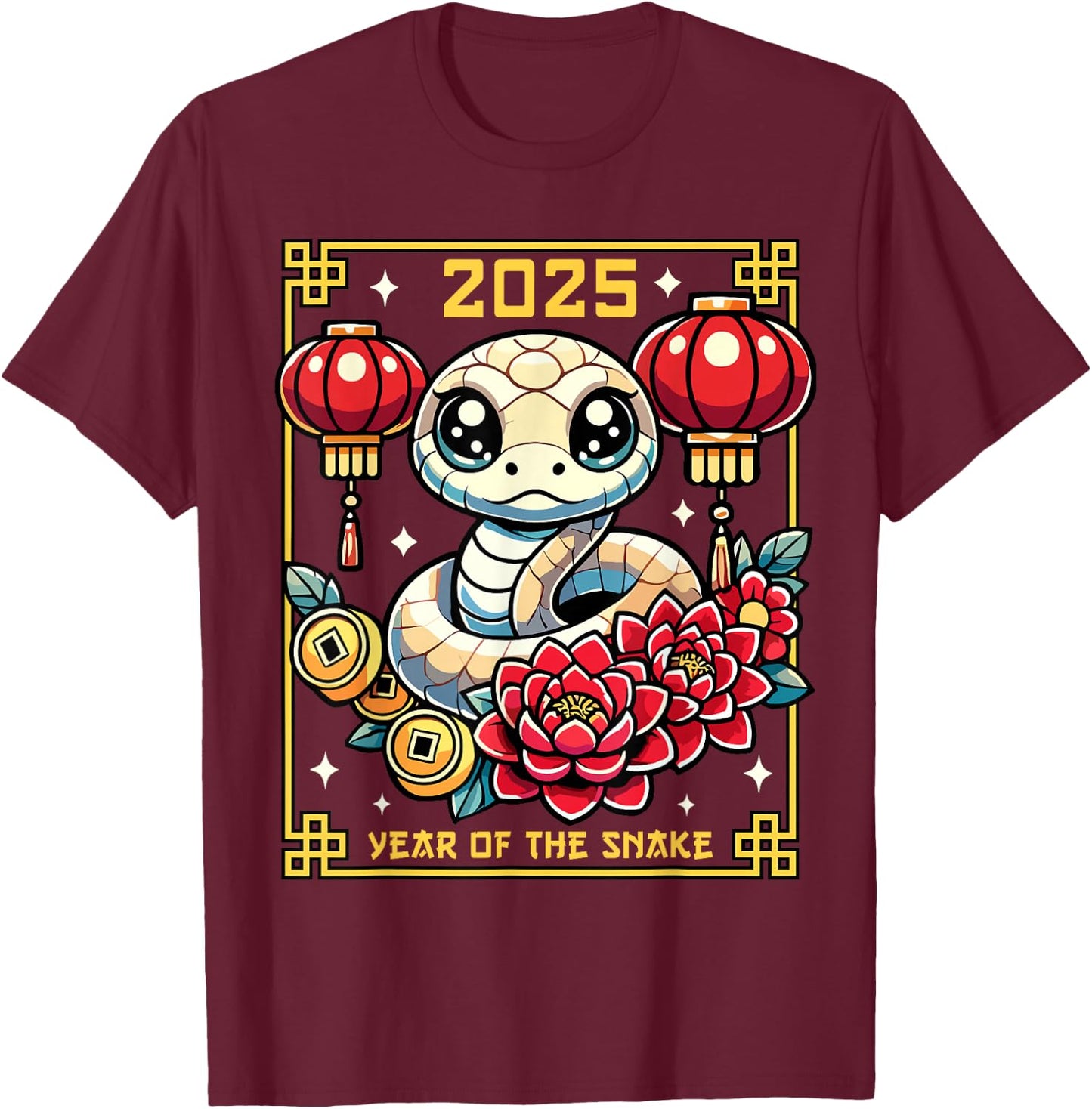 Cute Happy Chinese New Year of the Snake 2025 Lunar Zodiac T-Shirt - T-Shirt | Maroon