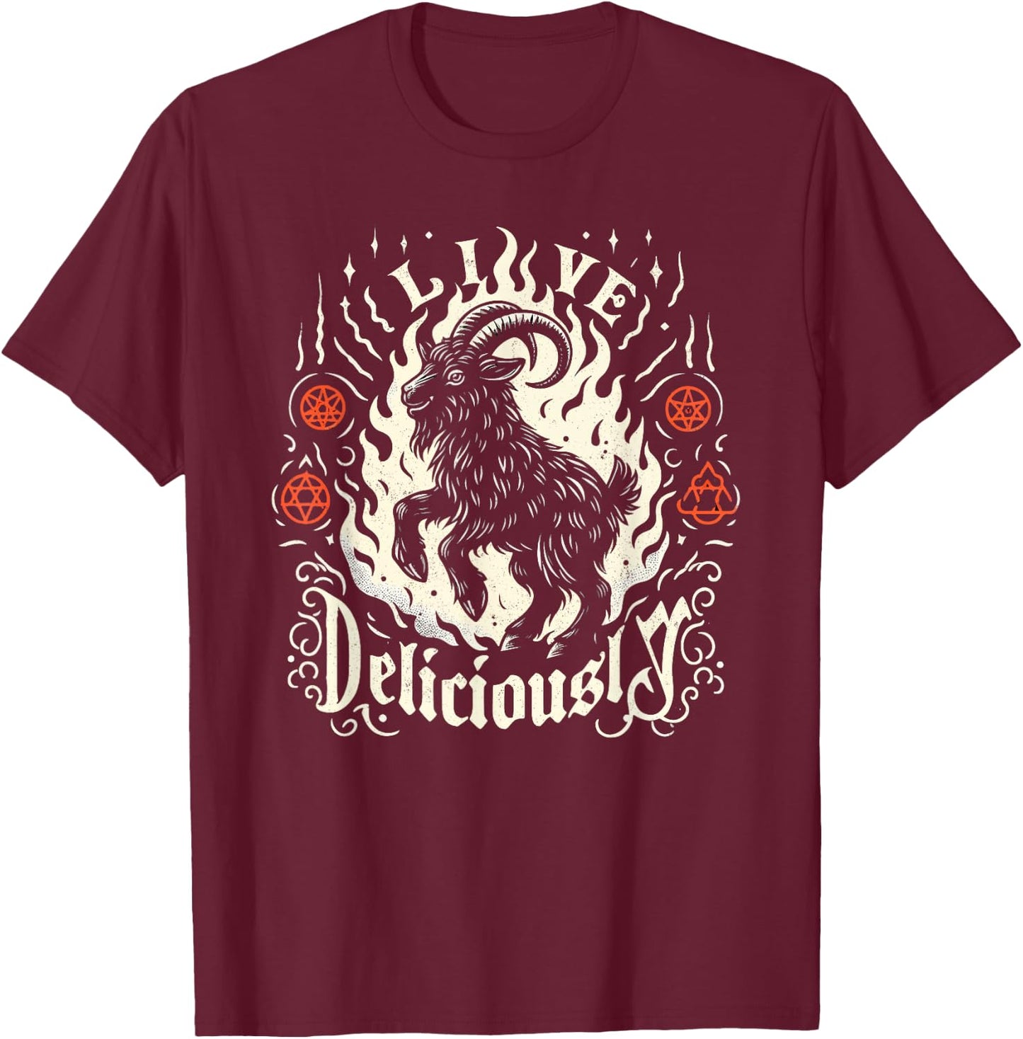 Live Deliciously Occult Goat Witch Horror T-Shirt - T-Shirt | Maroon