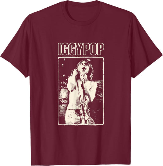 Iggy Pop , Herren & Damen, -Erwachsene, Rock-Fans, Casual-Kleidung, Schwarz, S, EU 40.0, Klassisch, U-Ausschnitt, Halbarm, Polyester 100% T-Shirt - T-Shirt | Maroon