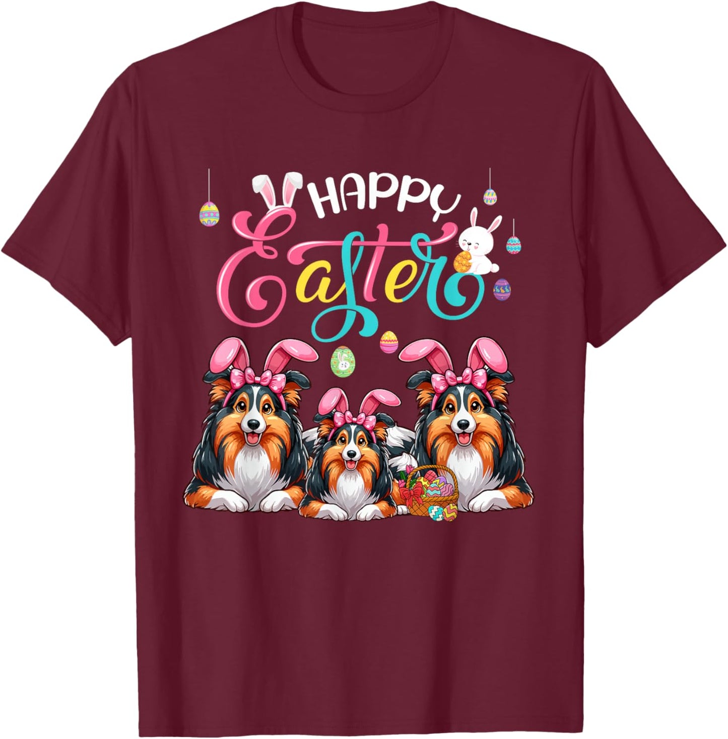 Happy Easter Three Cute Sheltie Cosplay Bunny Costume Kid T-Shirt - T-Shirt | Maroon