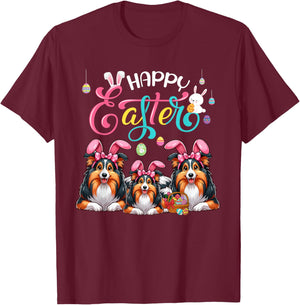 Happy Easter Three Cute Sheltie Cosplay Bunny Costume Kid T-Shirt - T-Shirt | Maroon