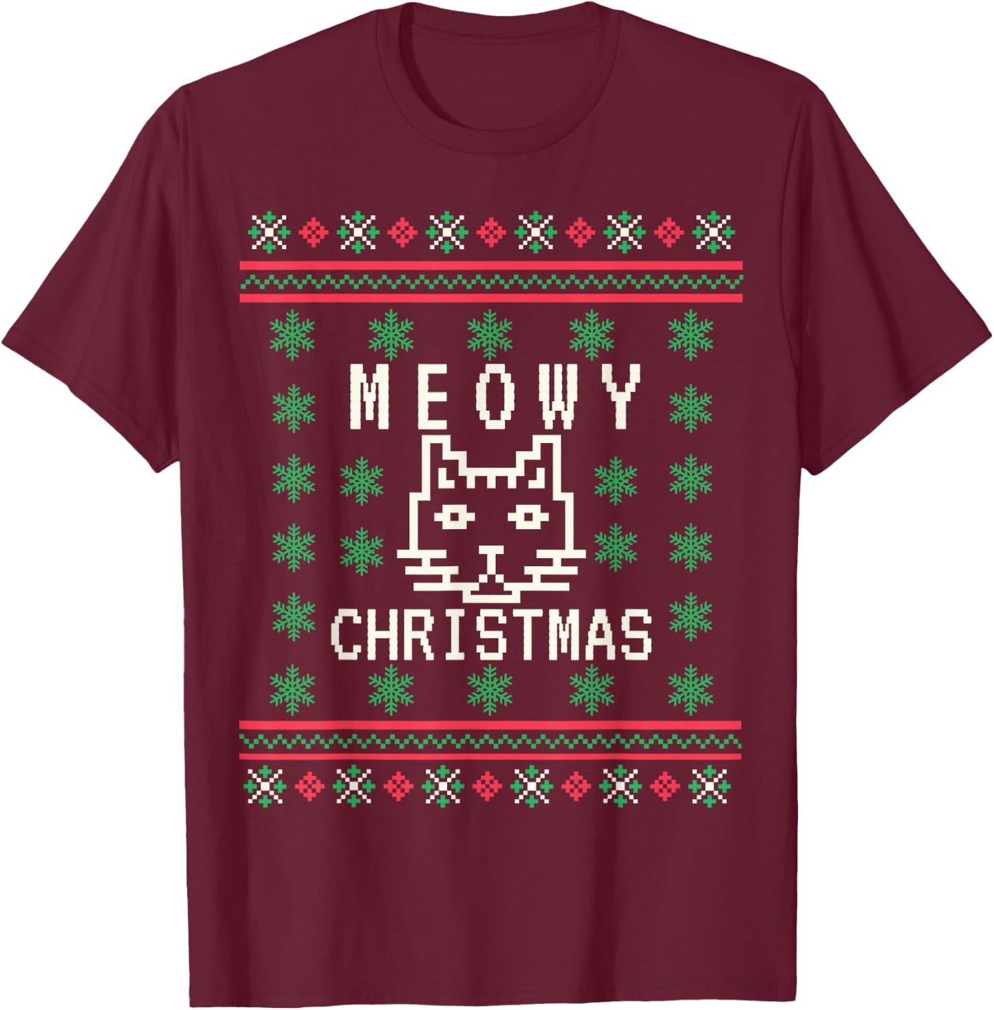 Funny Meowy Cat Christmas Ugly Sweater T-Shirt - T-Shirt | Maroon