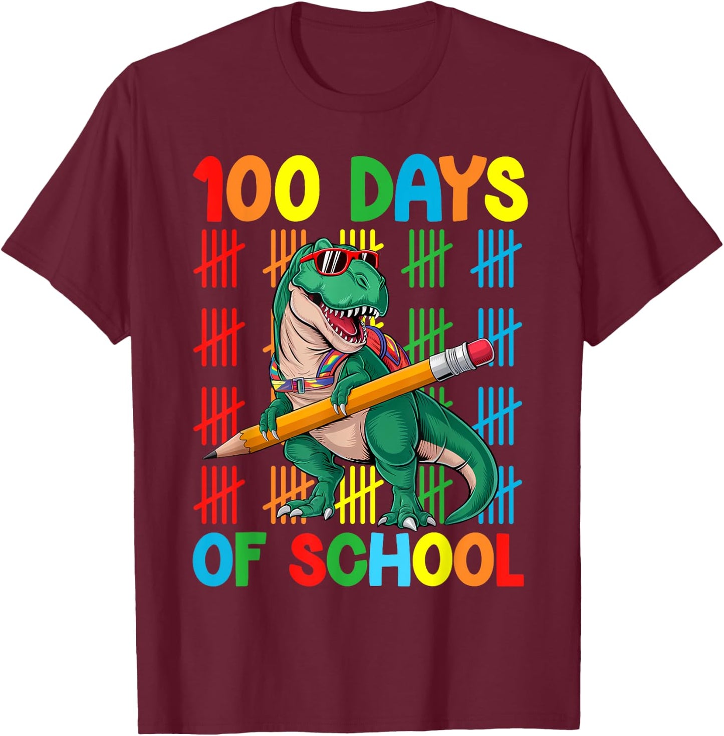 100 Days Of School T-Rex Happy 100th Day Kids Boys T-Shirt - T-Shirt | Maroon
