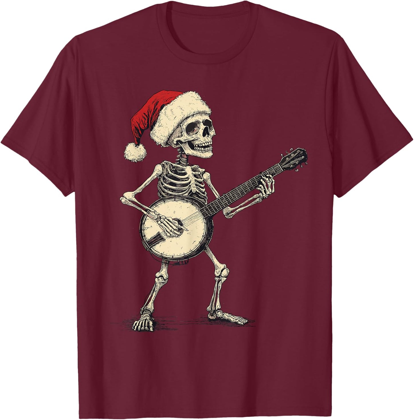 Santa Skeleton Playing Banjo Bluegrass Banjo Player Xmas T-Shirt - T-Shirt | Maroon