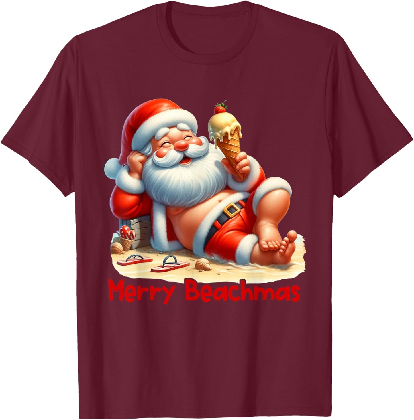 Merry Beachmas Santa Claus Ice Cream Christmas In July T-Shirt - T-Shirt | Maroon