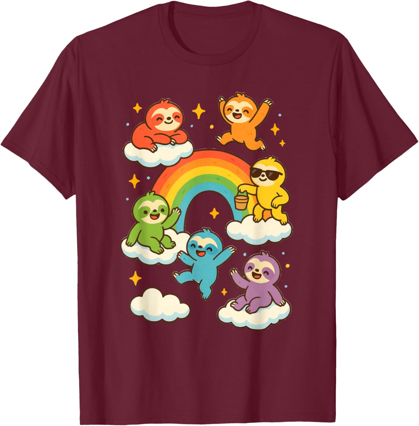 Colorful Sloths With A Rainbow Kawaii Sloth T-Shirt - T-Shirt | Maroon
