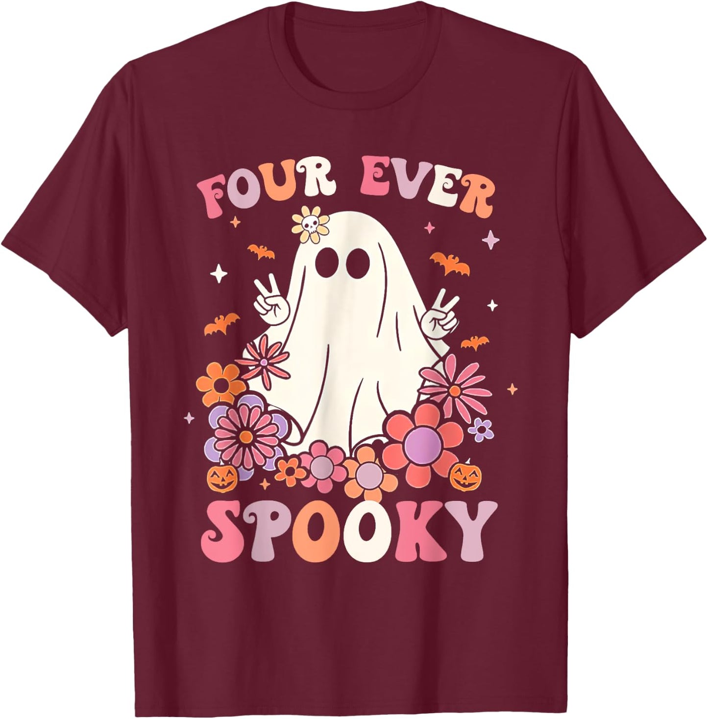 Four Ever Spooky Halloween 4th Birthday Party Decorations T-Shirt - T-Shirt | Maroon