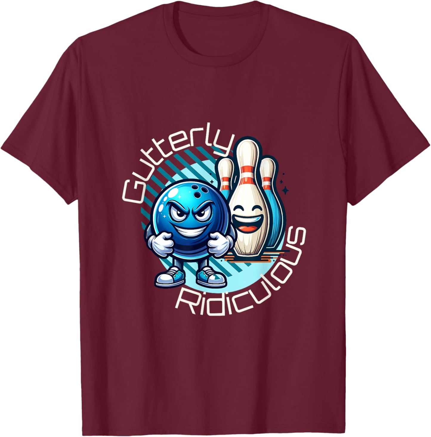 Gutterly Ridiculous Cartoon Bowling T-Shirt - T-Shirt | Maroon