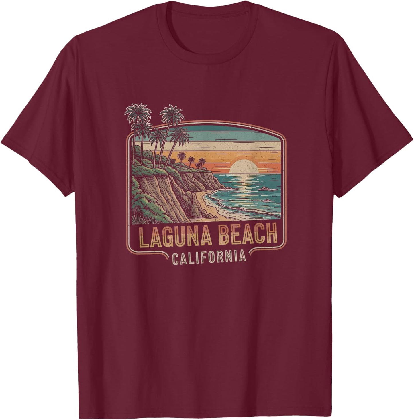 Retro Laguna Beach California Drawing Art Design T-Shirt - T-Shirt | Maroon