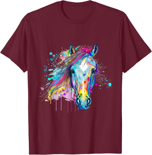 Colorful Wild Horse Mane Face Head T-Shirt - T-Shirt | Maroon