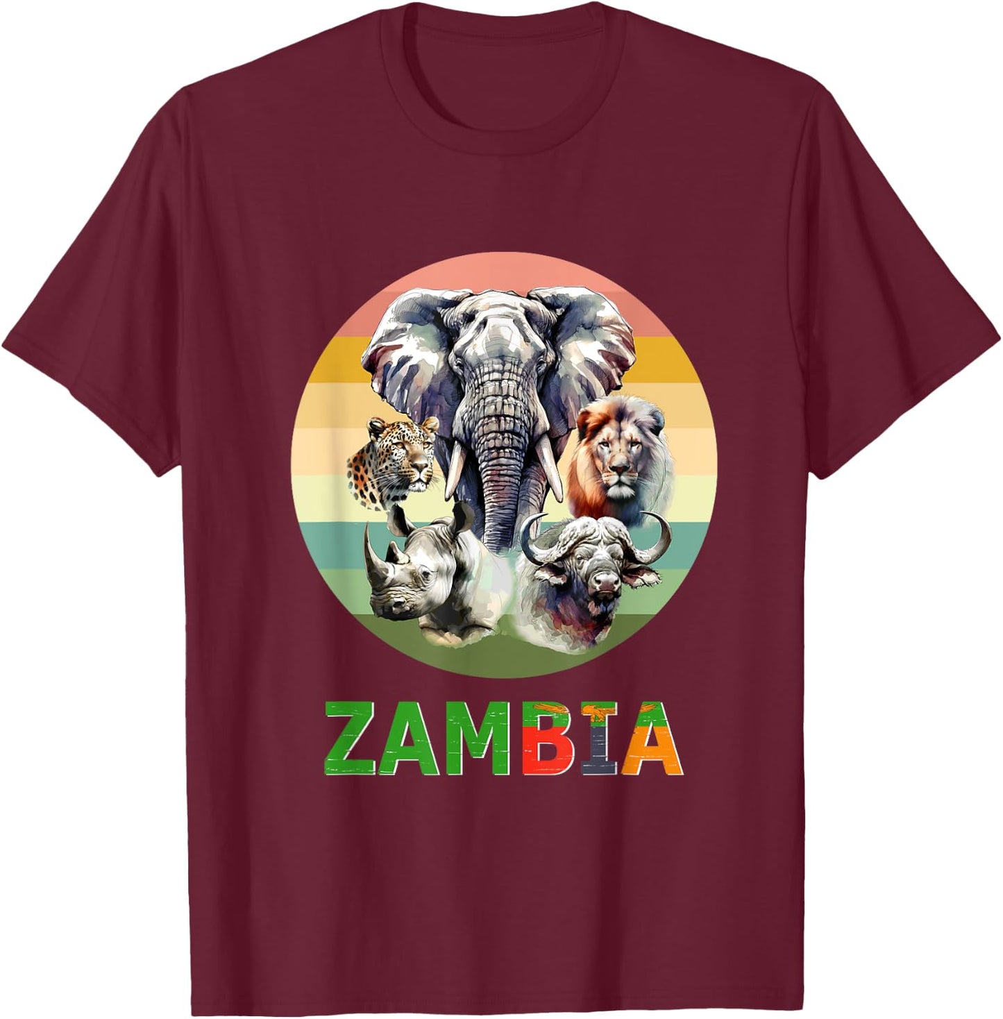 Zambia Big-5 Watercolor on Retro Sunset for Zambia Fans T-Shirt - T-Shirt | Maroon