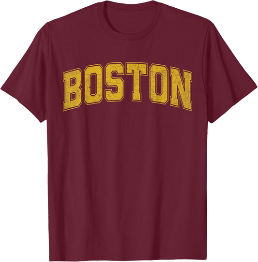 Boston MA Vintage Sports Yellow Retro Text T-Shirt - T-Shirt | Maroon