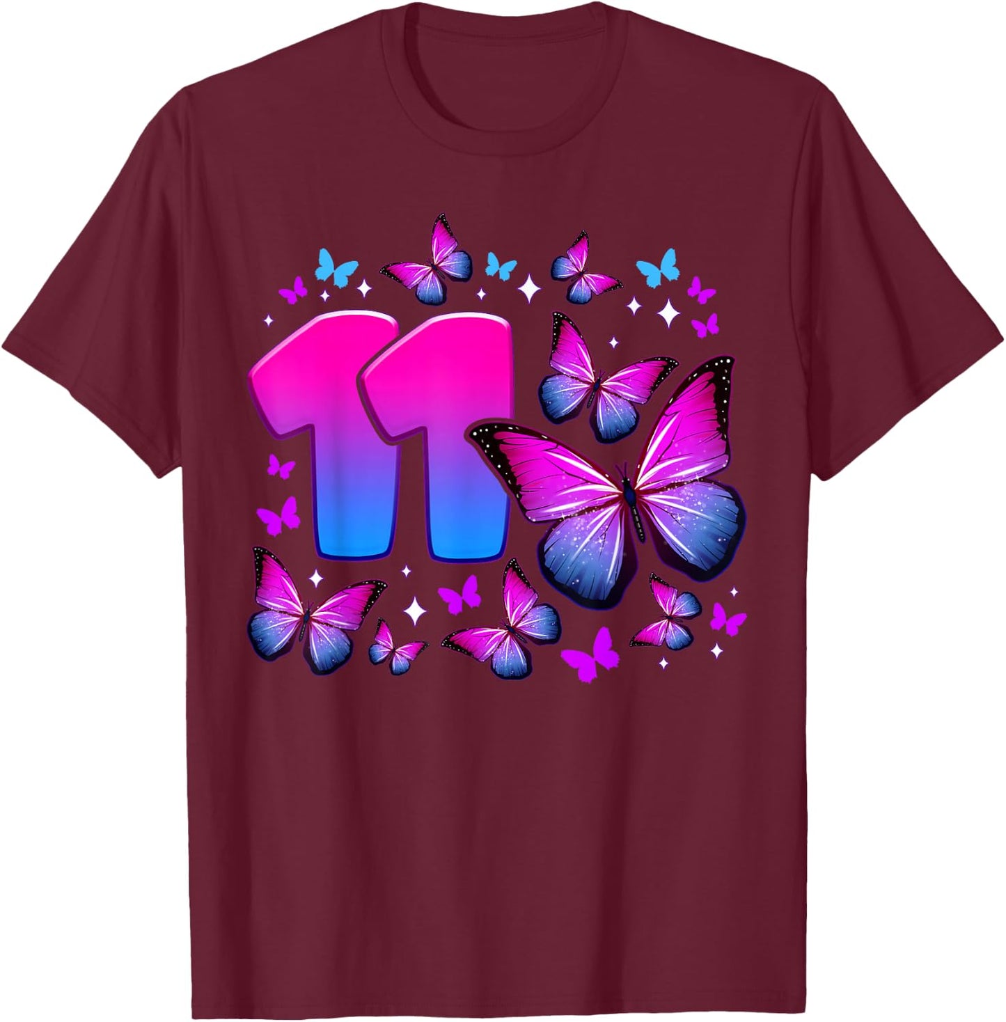 Birthday Girl 11 Years Old Butterfly Number 11 T-Shirt - T-Shirt | Maroon