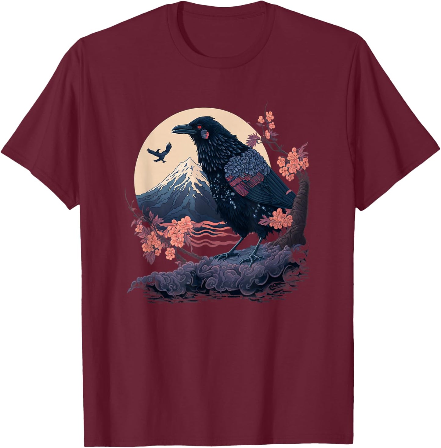 Surrealism Japanese Painting Crow Raven T-Shirt - T-Shirt | Maroon