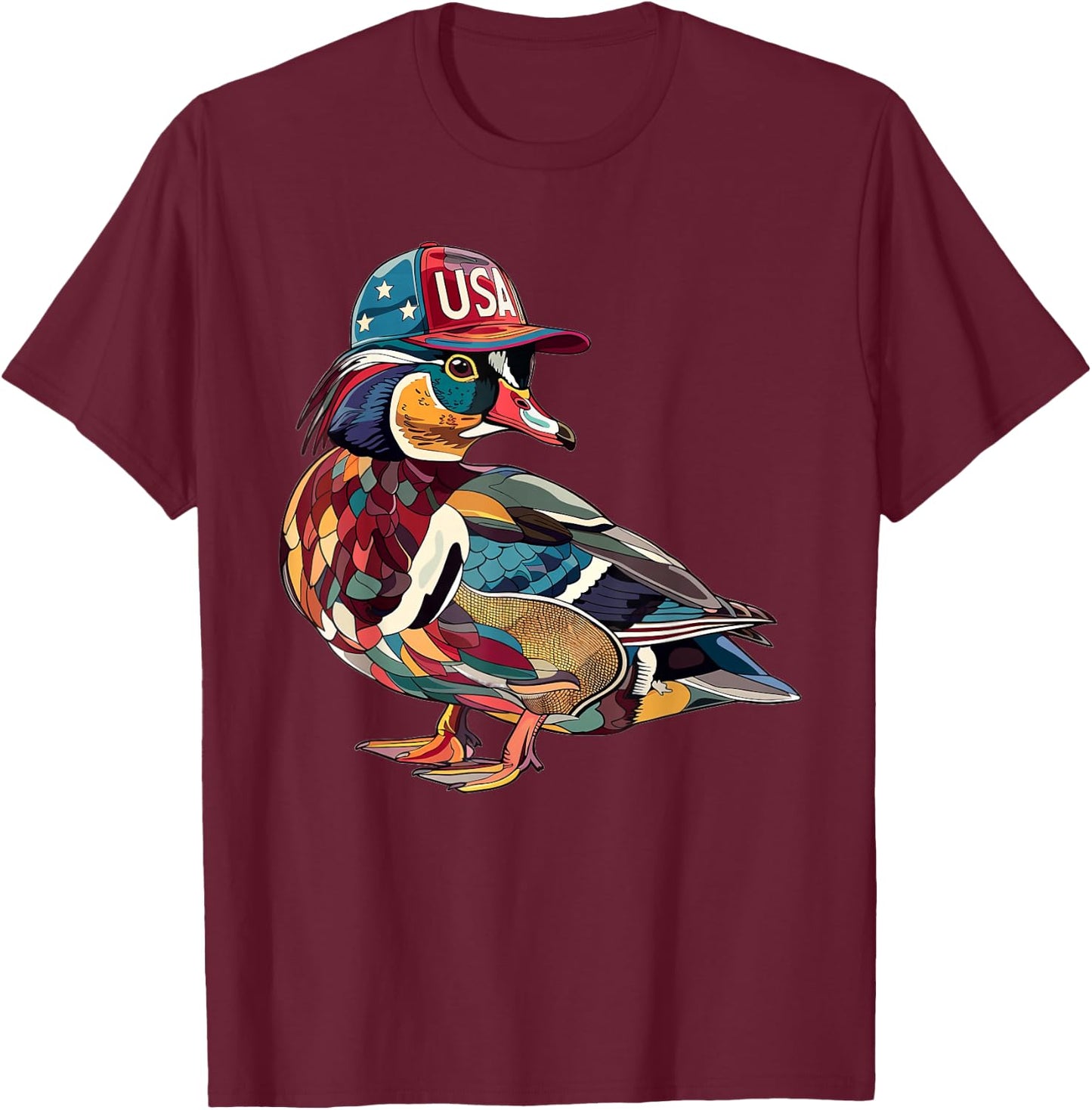 Wood Duck With USA Hat T-Shirt - T-Shirt | Maroon