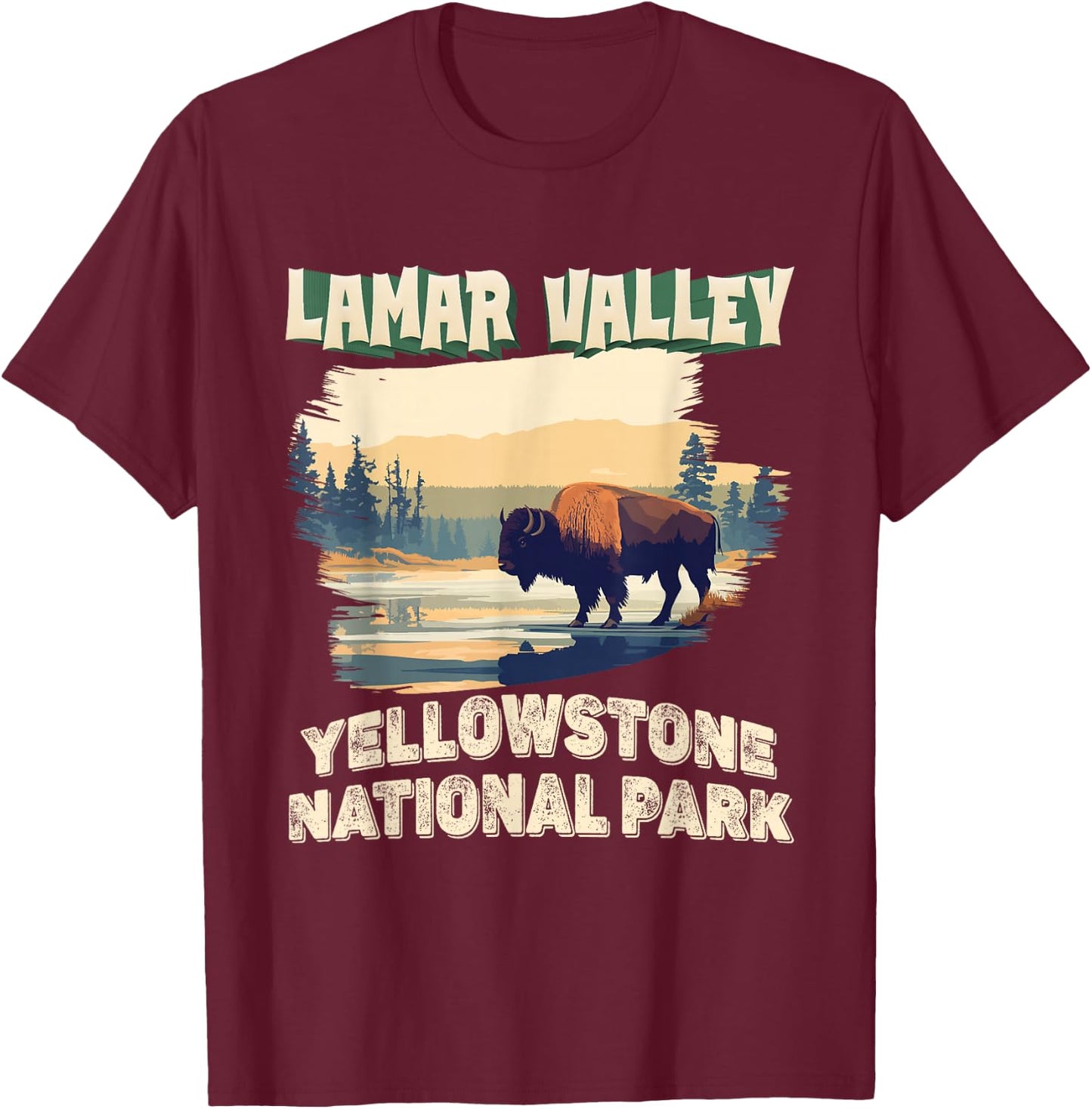Lamar Valley Yellowstone National Park Bison Hiking Outdoor T-Shirt - T-Shirt | Maroon