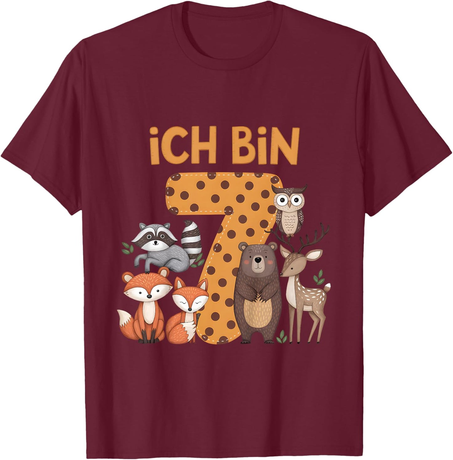 Kinder 7. Geburtstag Waldtiere Wald Tiere Reh Bär Geburtstags T-Shirt - T-Shirt | Maroon
