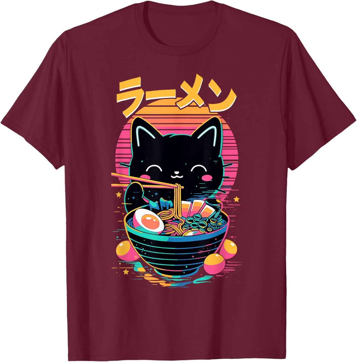 Anime Cat Eating Ramen Japanese Ramen Cat Japan T-Shirt - T-Shirt | Maroon