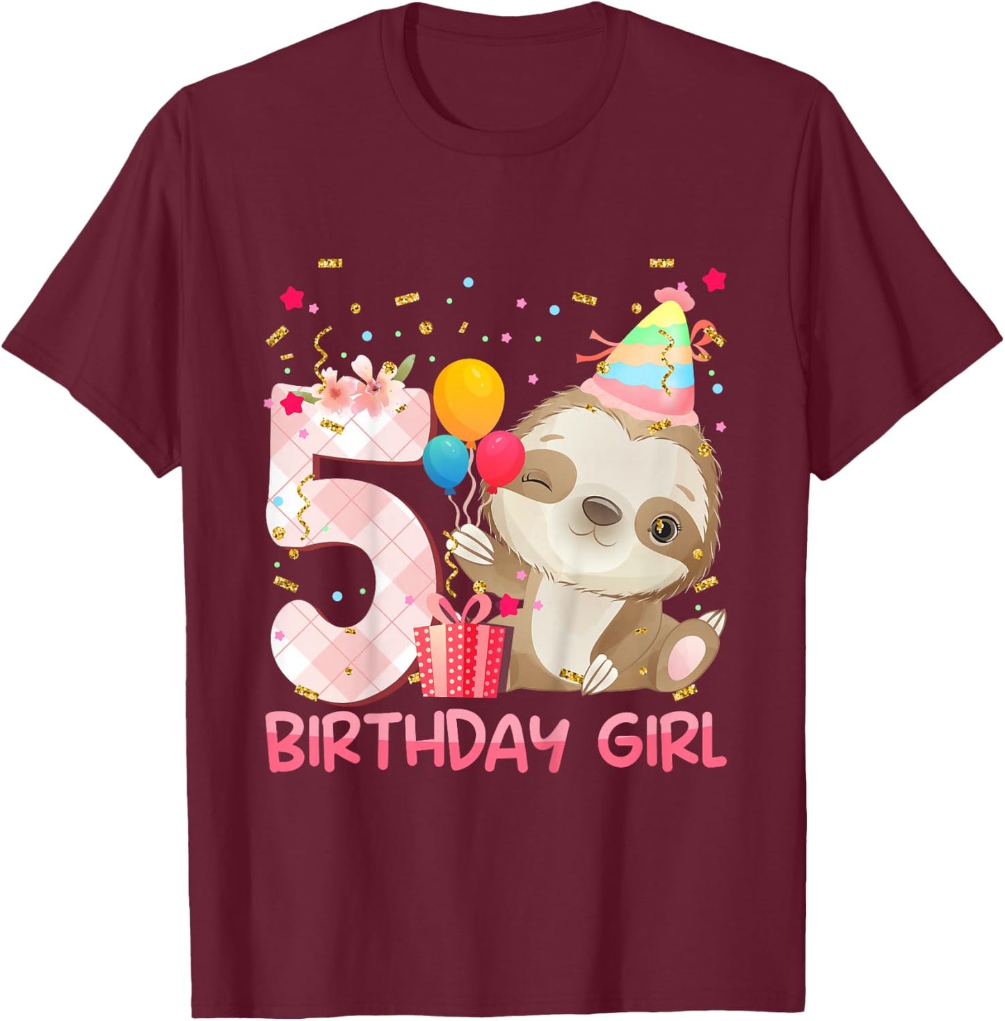 5 Year Old Sloth Girl Party Cute Sloth Lover 5th Birthday T-Shirt - T-Shirt | Maroon