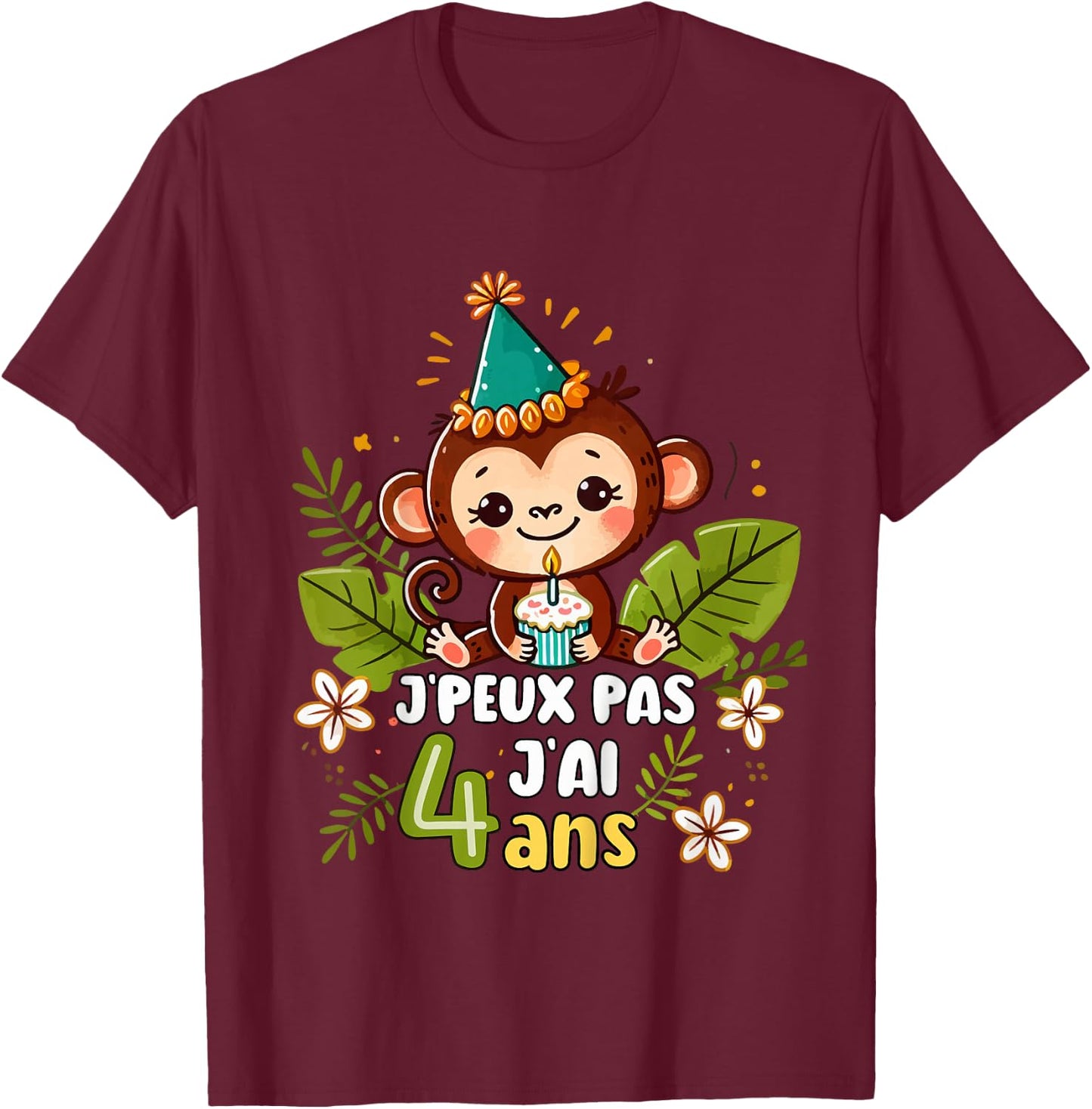 Child Je Peux Pas J'ai 4 Years Birthday Jungle Monkey Boy Green , Green, 2 T-Shirt - T-Shirt | Maroon