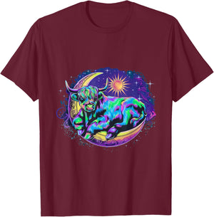 Dreamy Highland Cow Lounging on Crescent Moon Cow Over Moon T-Shirt - T-Shirt | Maroon