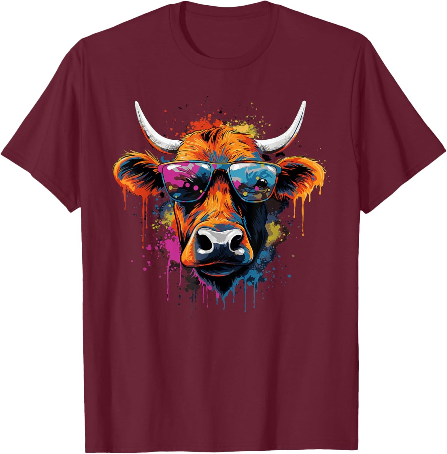 Funny Colourful Cow with Sunglasses , black T-Shirt - T-Shirt | Maroon