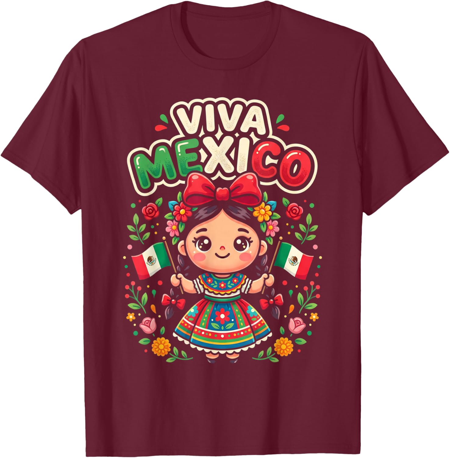 Viva Mexico Mexican Girl Flag Independence Day Girls Kids T-Shirt - T-Shirt | Maroon