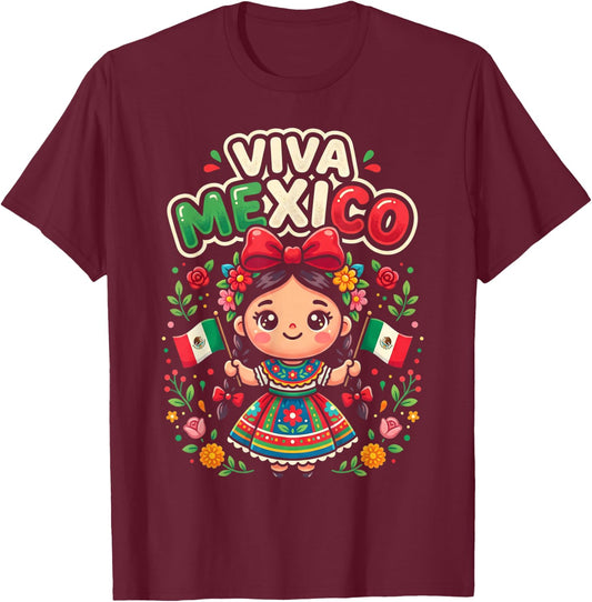 Viva Mexico Mexican Girl Flag Independence Day Girls Kids T-Shirt - T-Shirt | Maroon