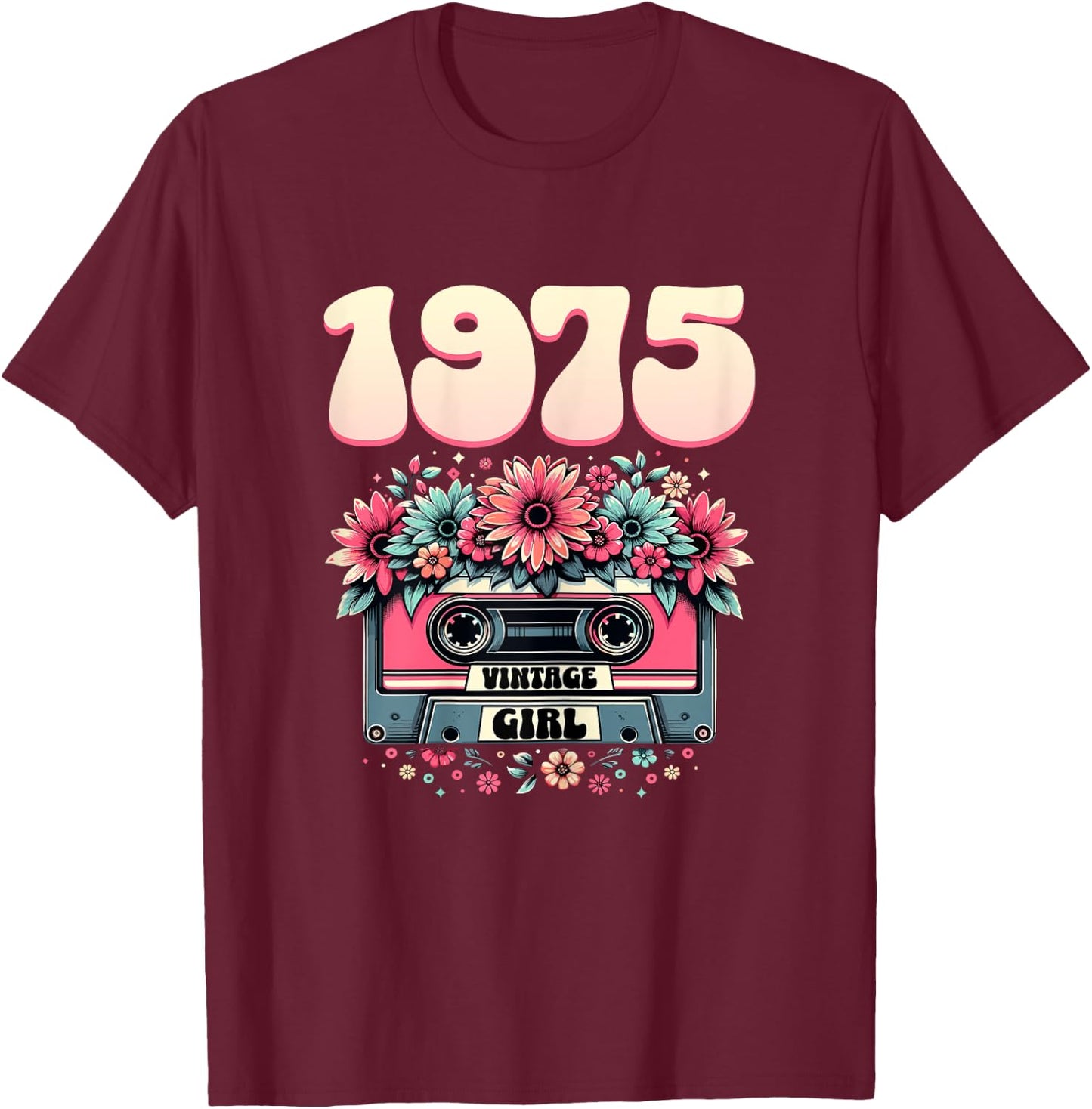 Cassette Rétro Femme 50 ans 1975 Cadeau Ladies 50th Birthday 1975 Retro Cassette Design Black with Flowers T-Shirt - T-Shirt | Maroon
