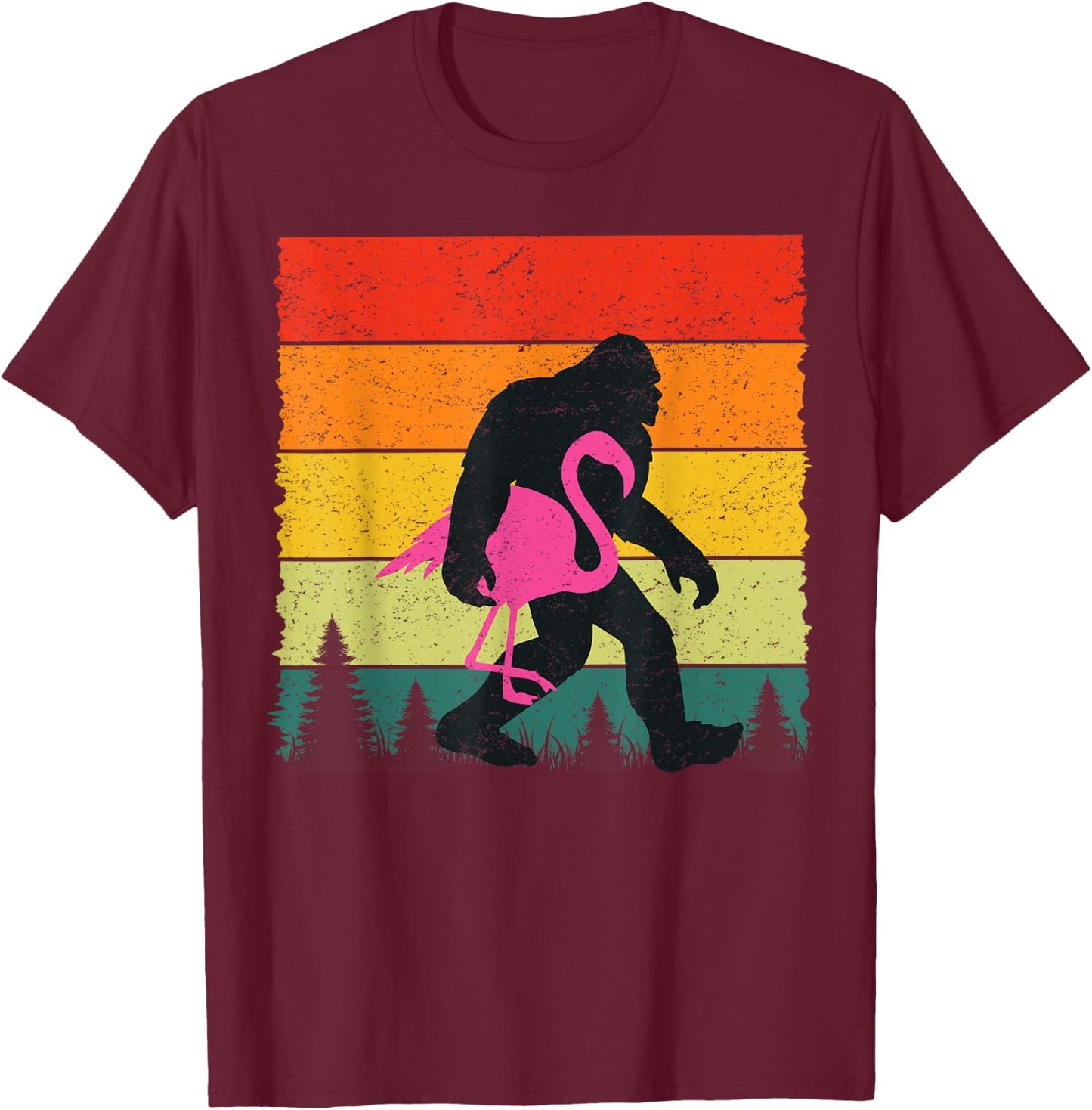 Bigfoot Sasquatch Pink Flamingo Aloha Beach Hawaiian Party T-Shirt - T-Shirt | Maroon