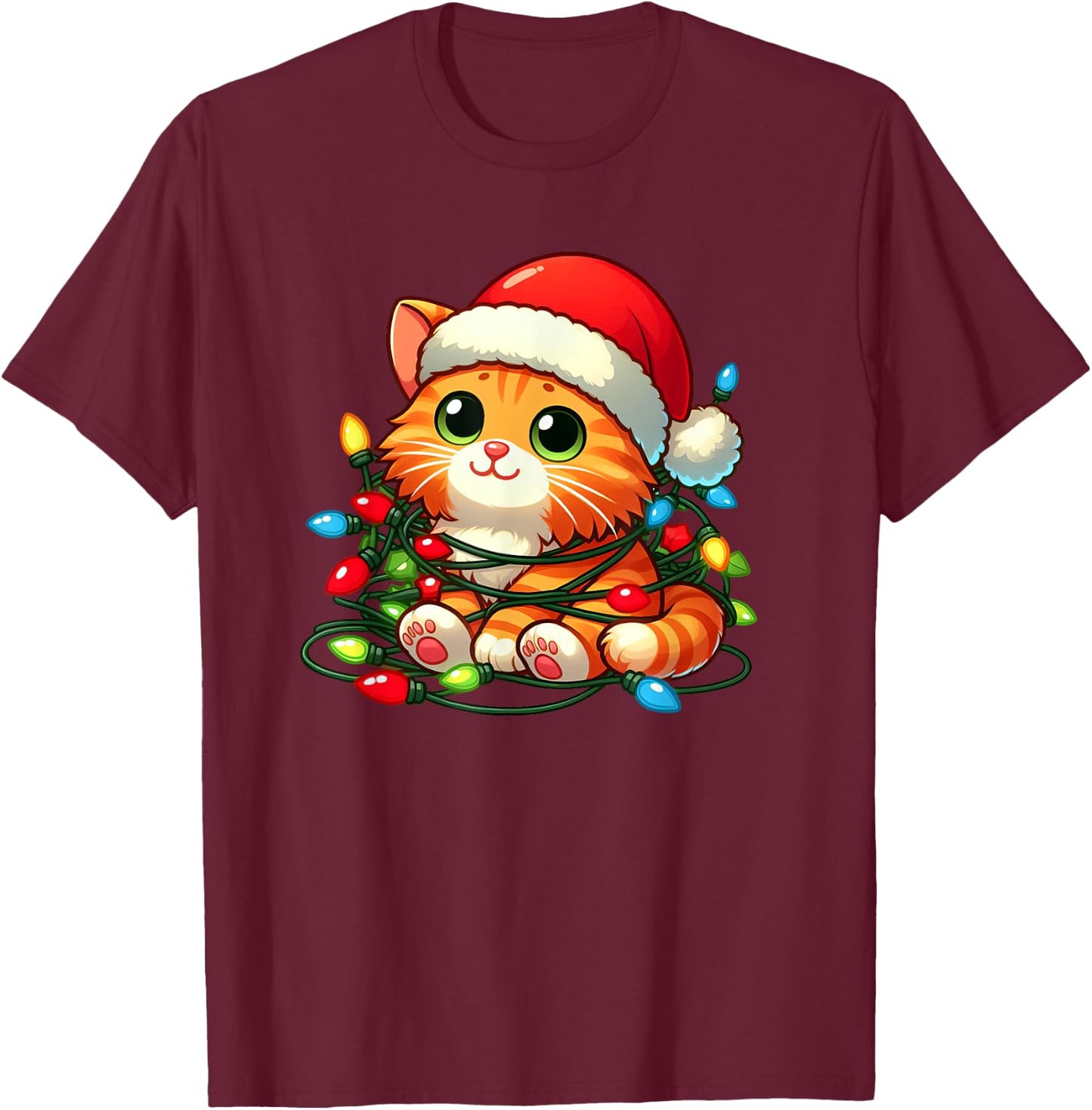 Orange Tabby Cat Christmas Lights Pet Funny Xmas Women Kids T-Shirt - T-Shirt | Maroon