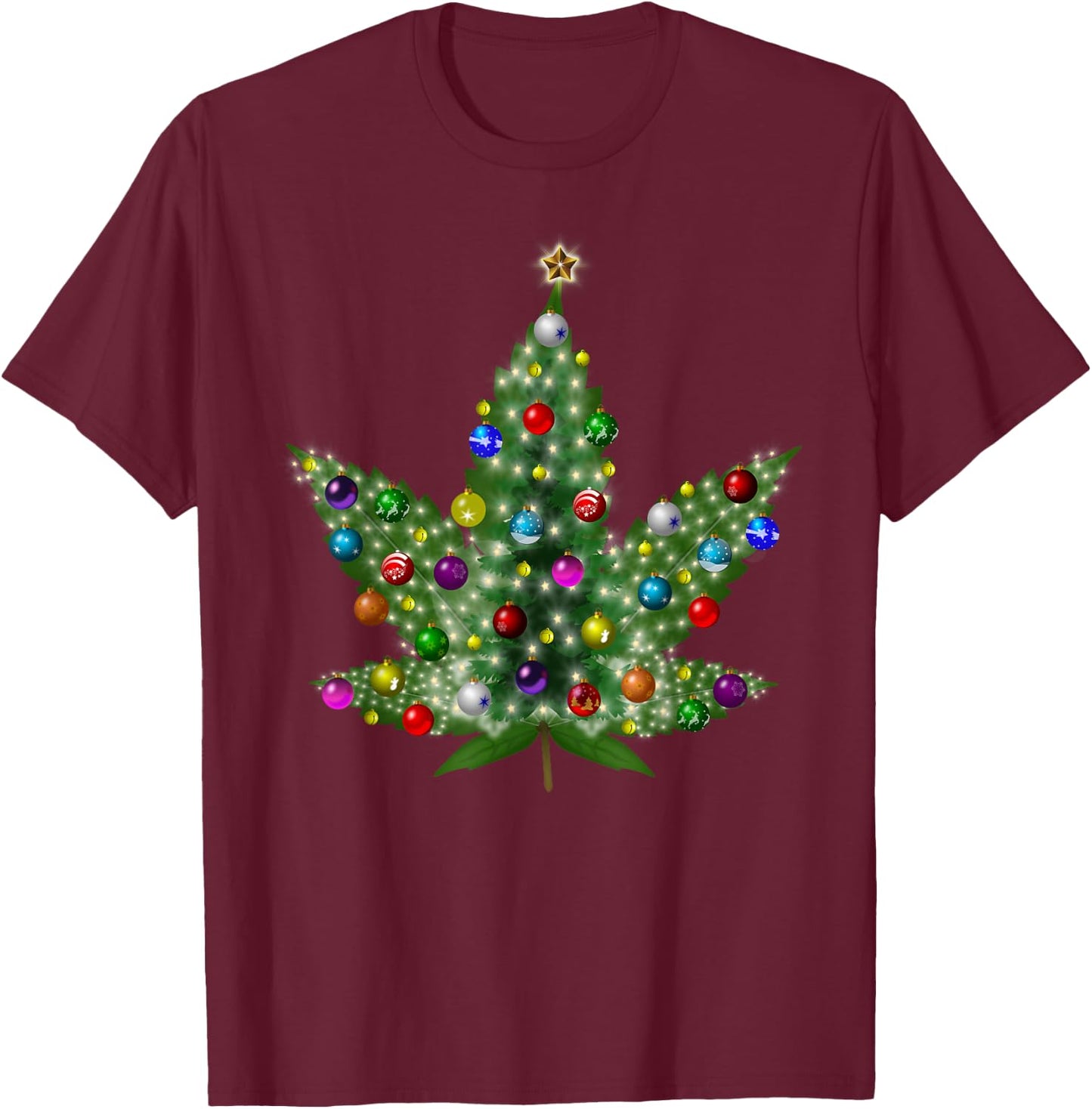 Weed Leaf Christmas Tree Pot Marijuana THC Vape Reefer Hippy T-Shirt - T-Shirt | Maroon