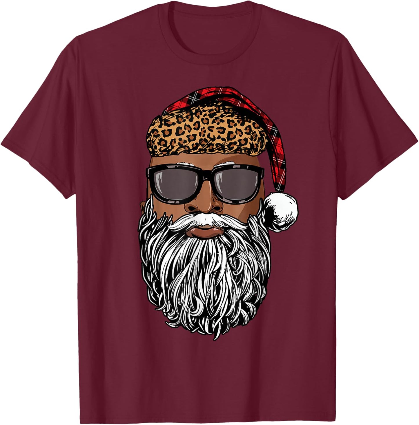 Santa Claus Face Black Leopard African American Christmas T-Shirt - T-Shirt | Maroon