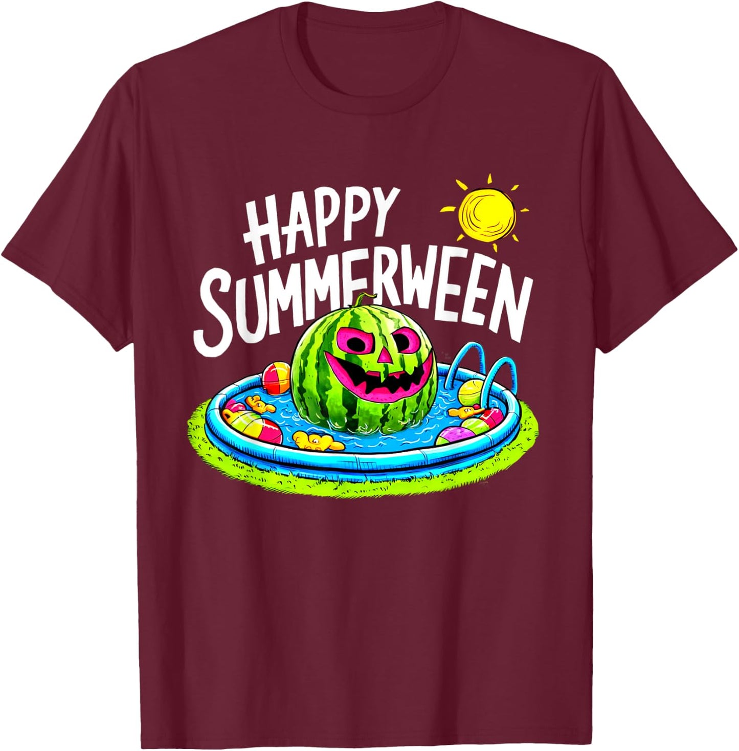 Happy Summerween Summer Watermelon Jack-o-lantern Halloween T-Shirt - T-Shirt | Maroon