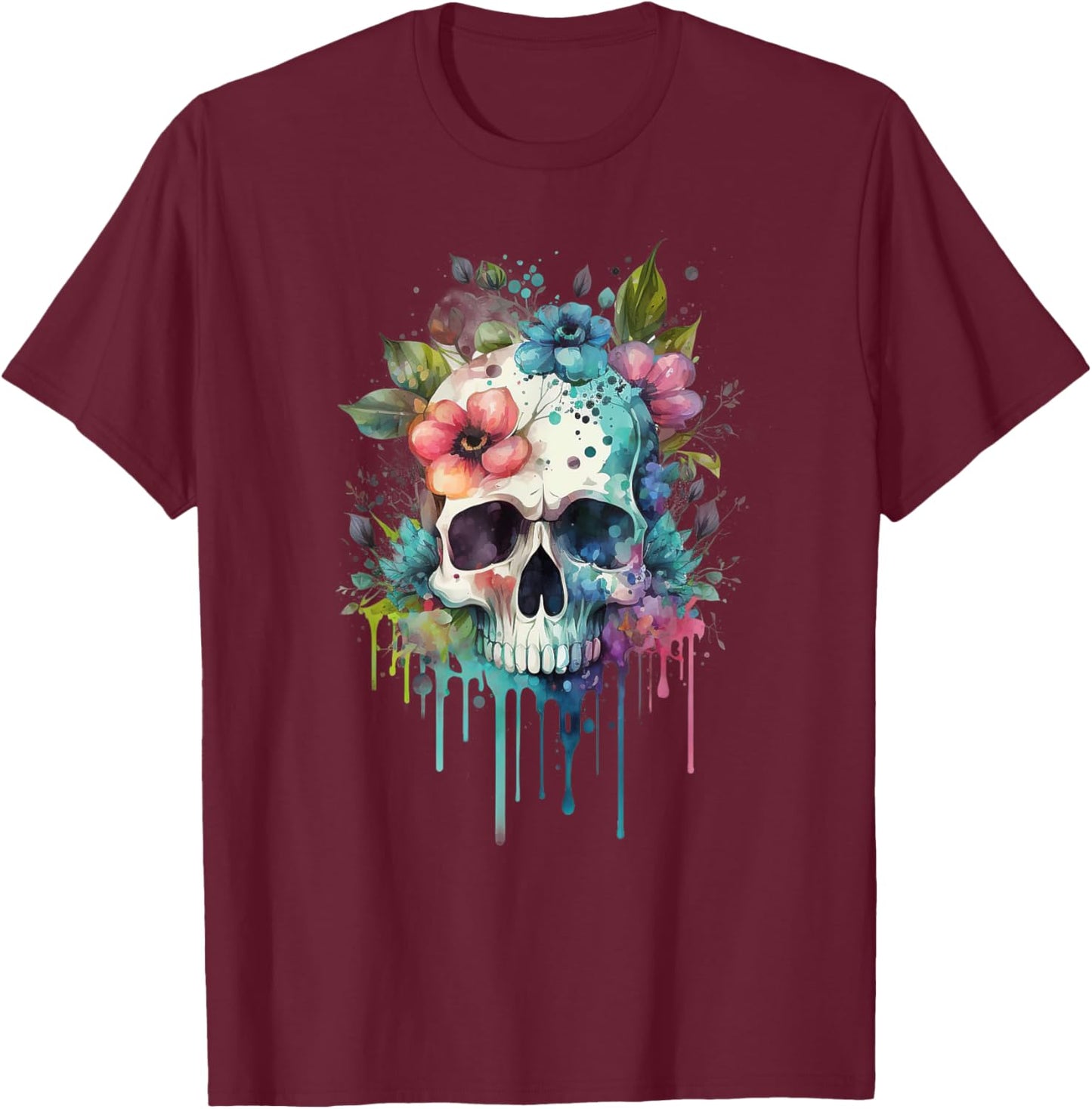 Vintage Skull Boho Skull with Flowers T-Shirt - T-Shirt | Maroon