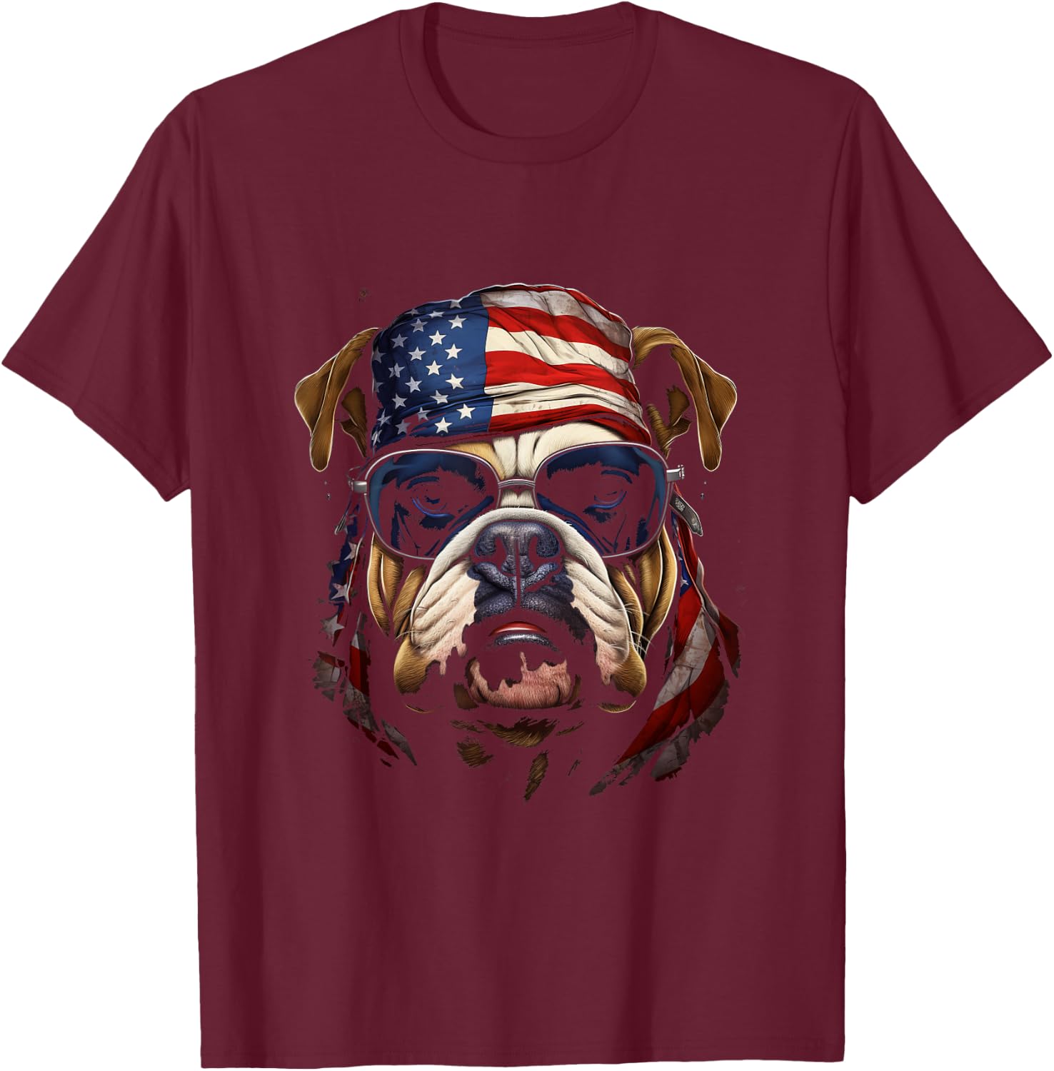 Bulldog Wearing American Flag Bandana Patriotic Paws T-Shirt - T-Shirt | Maroon