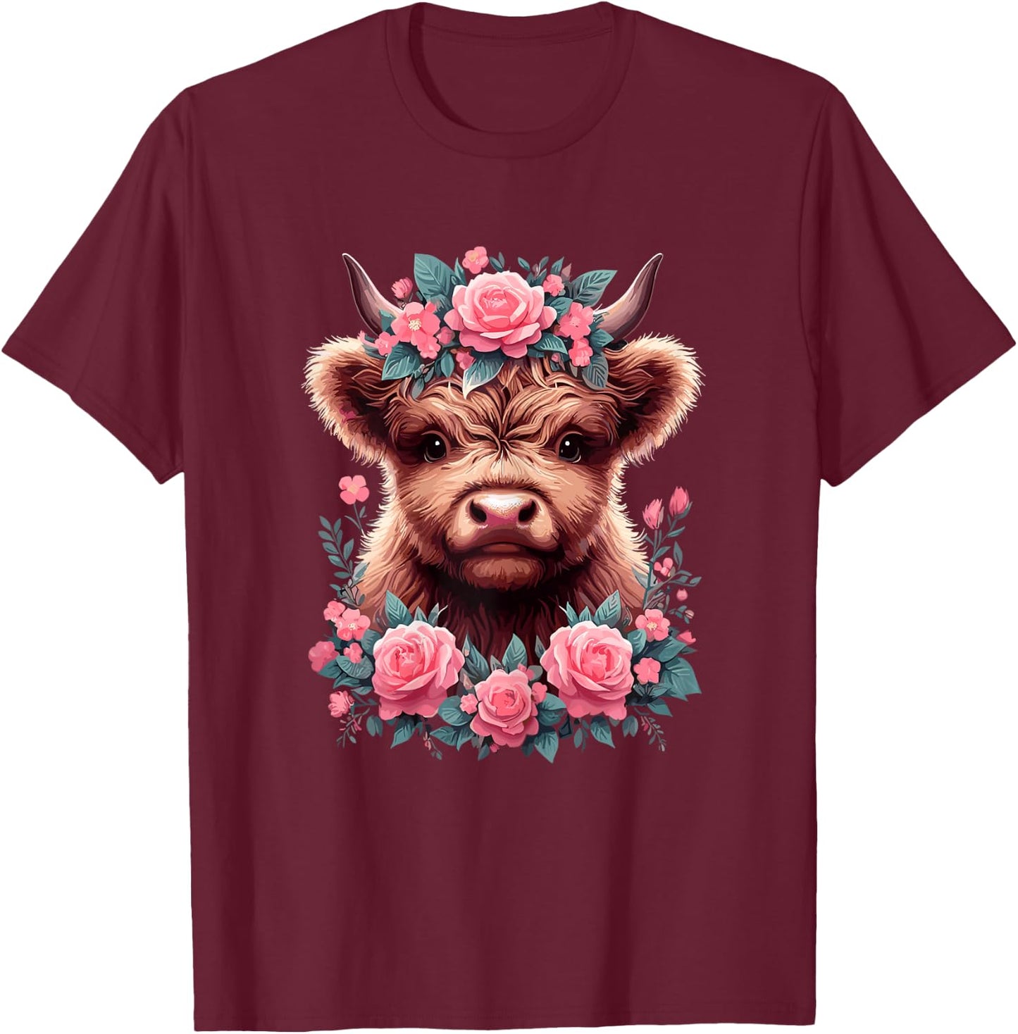 Highland Cow Roses Cute Floral Cow Lover T-Shirt - T-Shirt | Maroon