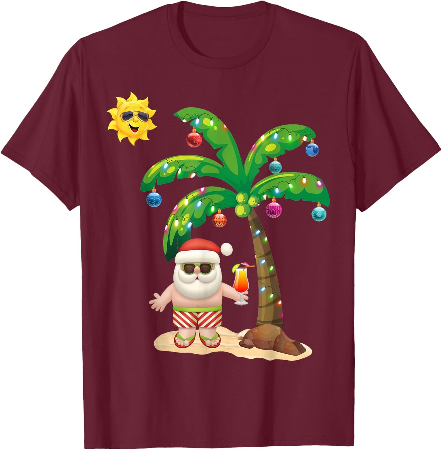 July Christmas Palm Tree Mid Year Santa Claus Beach T-Shirt - T-Shirt | Maroon