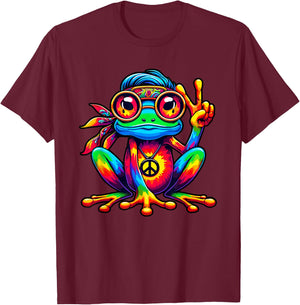 Hippie Frog Costume Tie Dye Peace Sign 70s Party 60s , Black, S T-Shirt - T-Shirt | Maroon