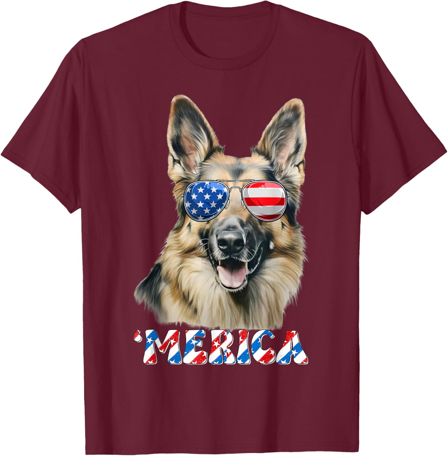 German Shepherd Dog Merica US Flag 4Th Of July Patriotic T-Shirt - T-Shirt | Maroon