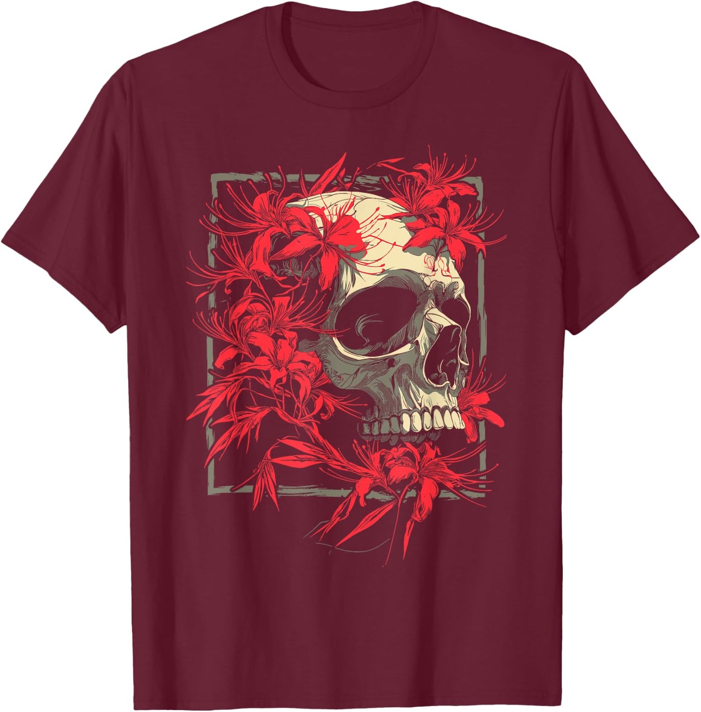 Red Spider Lily Flower Skull Skeleton Japanese Anime Otaku T-Shirt - T-Shirt | Maroon