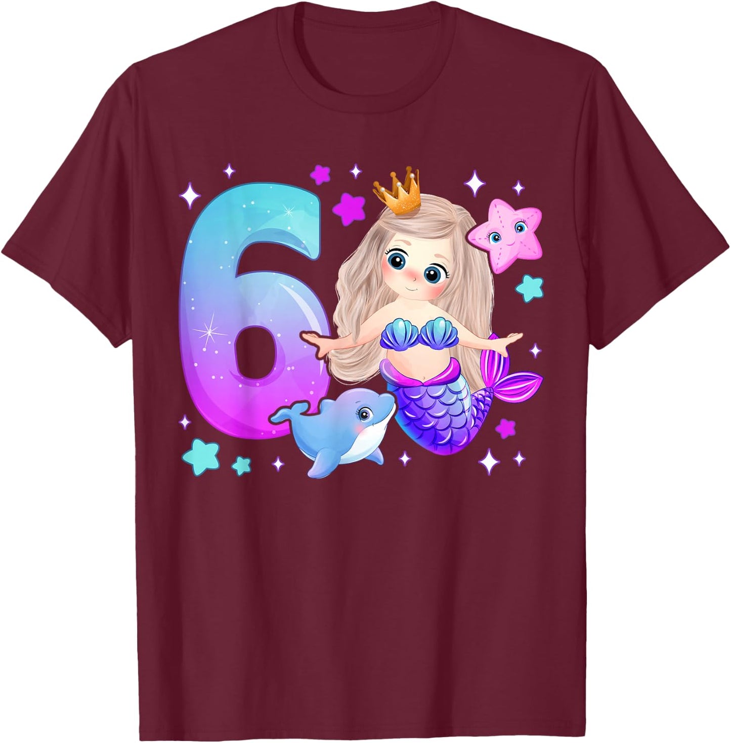 6th Birthday Girl 6 Years, Mermaid, Number 6 T-Shirt - T-Shirt | Maroon