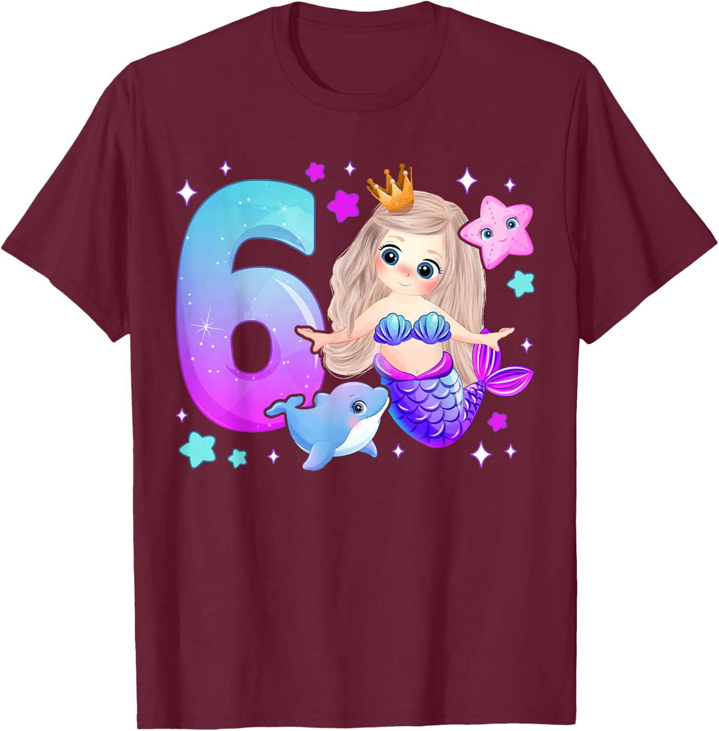 6th Birthday Girl 6 Years, Mermaid, Number 6 T-Shirt - T-Shirt | Maroon