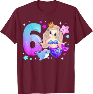 6th Birthday Girl 6 Years, Mermaid, Number 6 T-Shirt - T-Shirt | Maroon