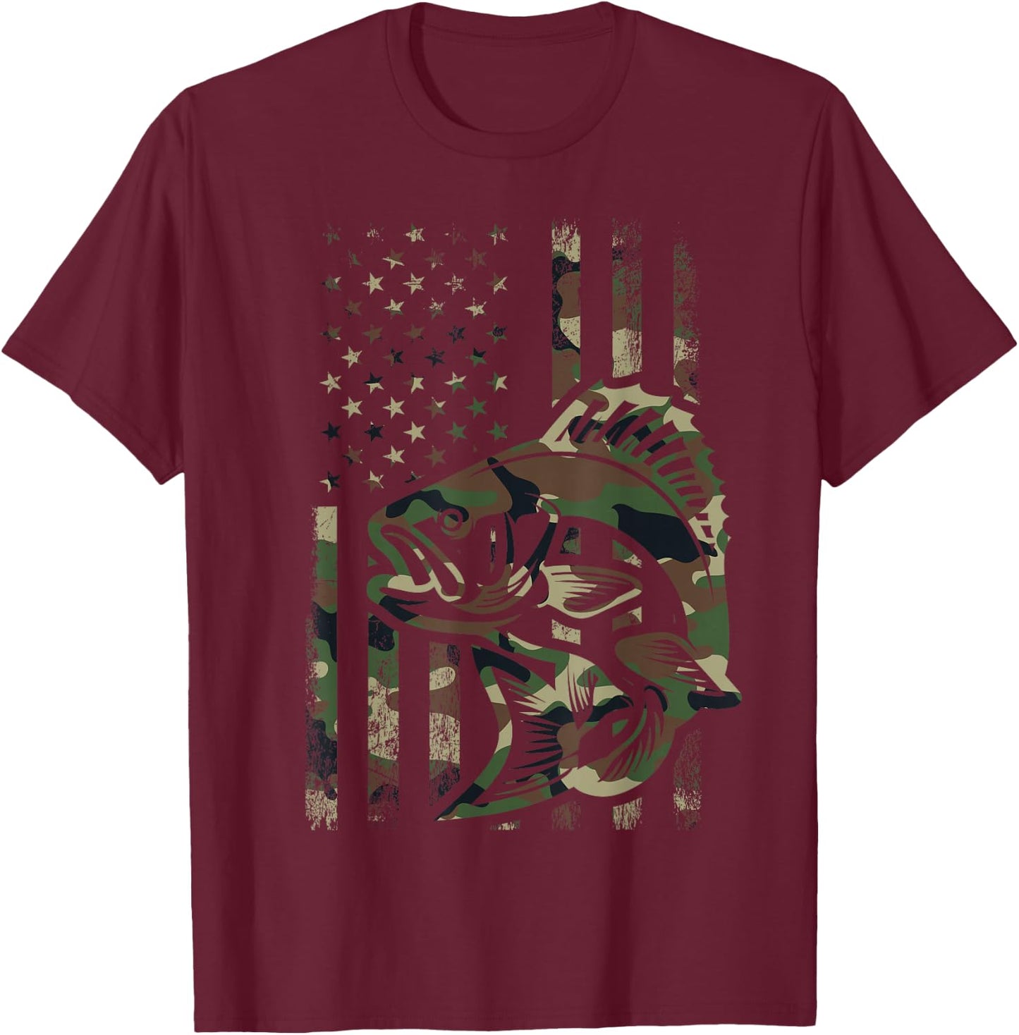 Camo Fishing Men Boys American Flag Bass Fishing T-Shirt - T-Shirt | Maroon