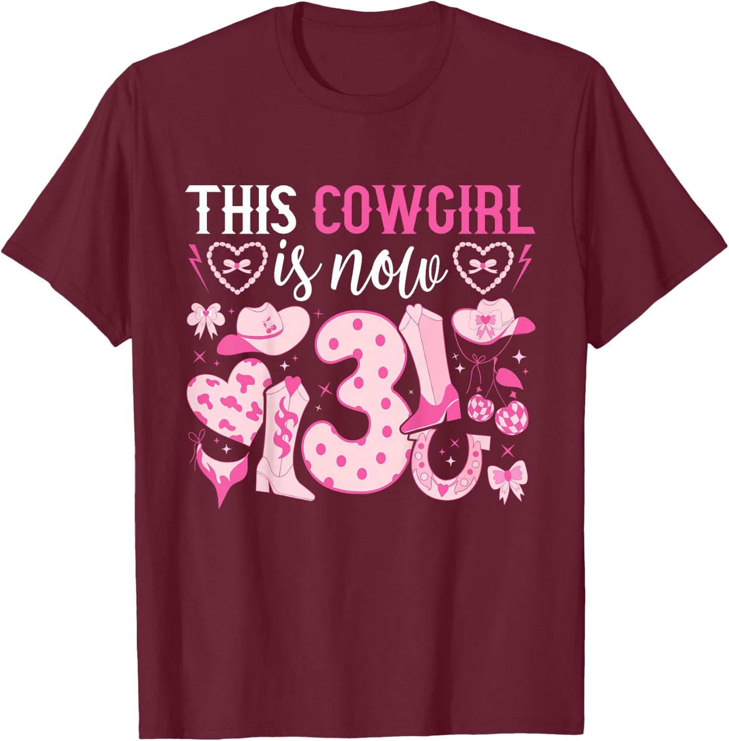 Kids 3rd Birthday Cowgirl Three Year Old Cow Girl Birthday T-Shirt - T-Shirt | Maroon