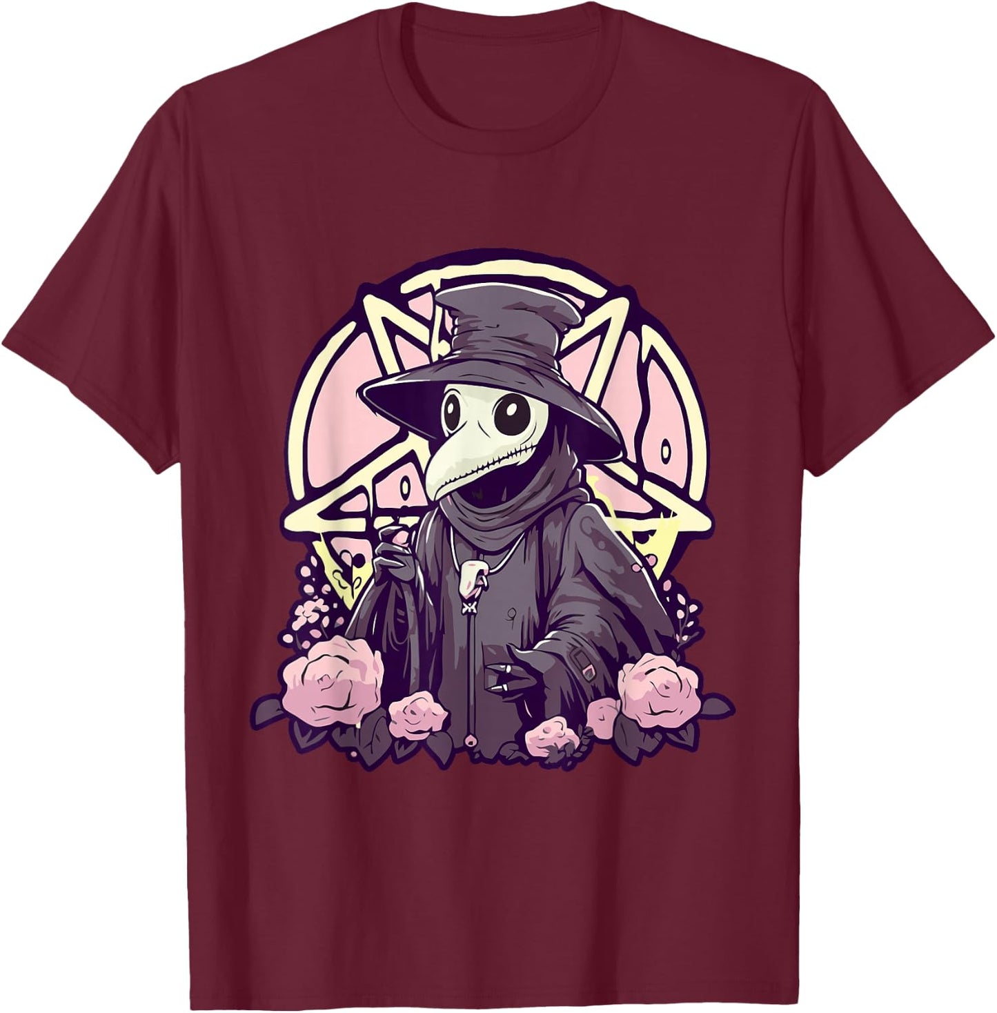 Pastel Goth Gruselige Pest Doctor Rosen und Pentagramm Kawaii T-Shirt - T-Shirt | Maroon