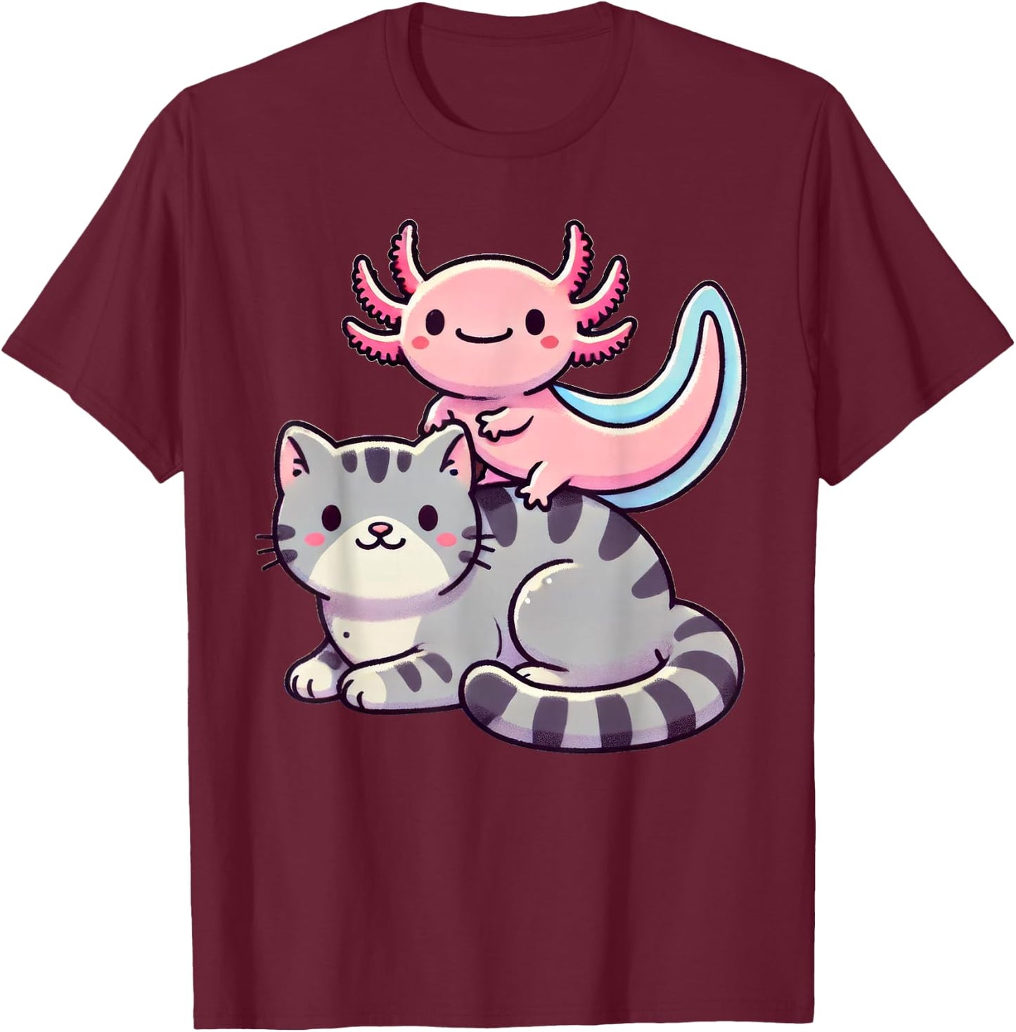 Anime Kawaii Axolotl Cat Kitten , Small, Black T-Shirt - T-Shirt | Maroon